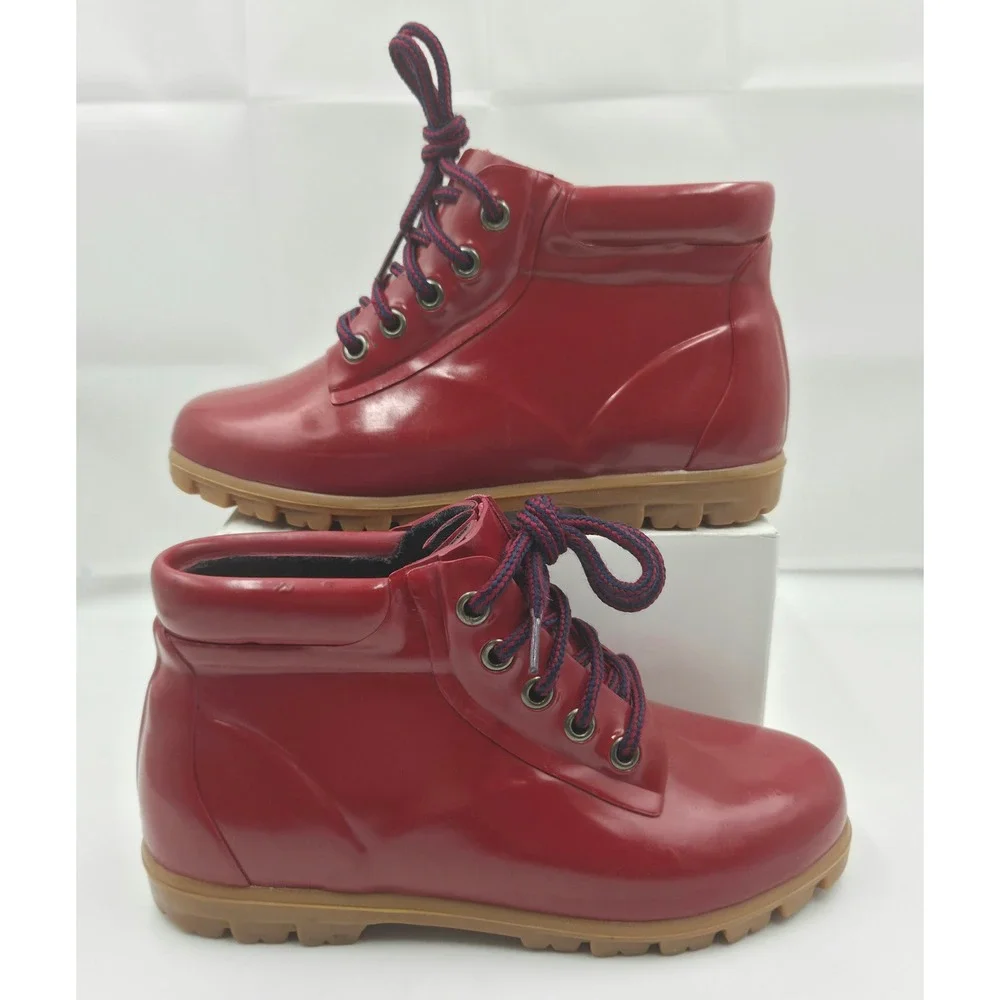 Vintage 90s Lands End Red Rubber Rain Boots Women 6 Lace Up Ankle Gum Sole 39422